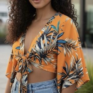 SHEIN Orange Tropical Floral Tie Crop‎ Top Womens Small V Neckline